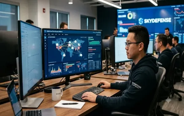 An IT professional in a SkyDefense hoodie monitoring a global live threat map and cybersecurity metrics on a dual-monitor setup in a modern security operations center.