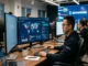 An IT professional in a SkyDefense hoodie monitoring a global live threat map and cybersecurity metrics on a dual-monitor setup in a modern security operations center.