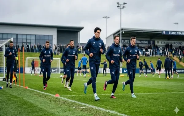 Professional soccer players jogging during a training session on a grass field, wearing matching navy blue Nike football tracksuits, training jackets, and pants.