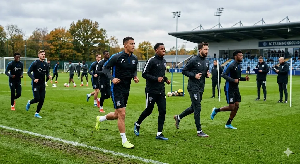 Professional soccer players jogging during a training session on a grass field wearing matching black and blue Nike football tracksuits and training jackets.