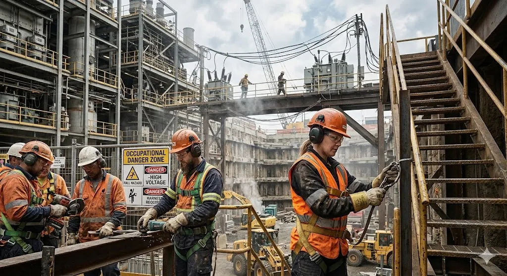 A group of coal mine workers in high-visibility vests and hard hats operating machinery in a dusty industrial environment with "Occupational Danger Zone" signage.