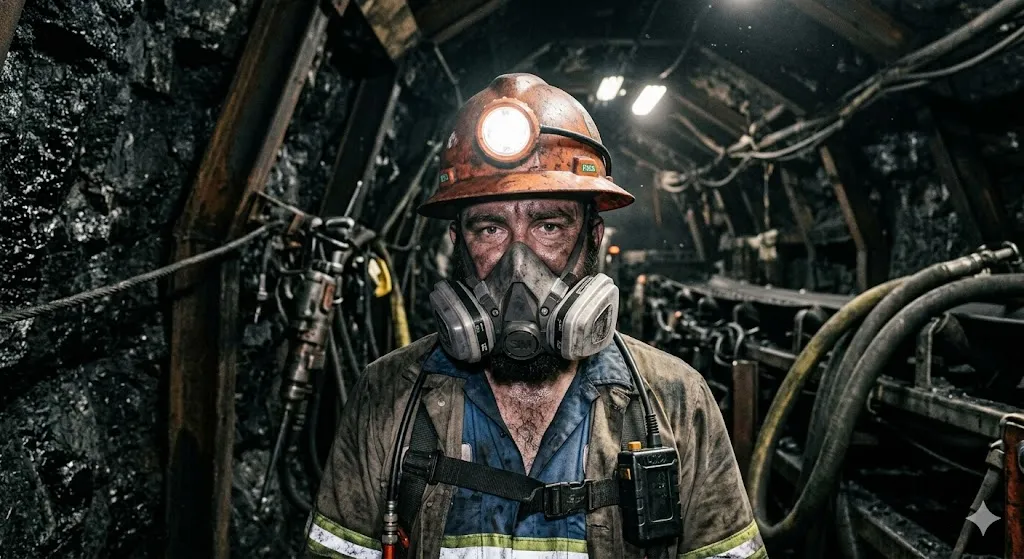 A coal miner wearing a dirty orange hard hat with a headlamp and a heavy-duty respirator mask inside a dark, industrial mine shaft.
