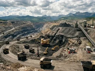 A wide panoramic view of an open-pit coal mine featuring heavy machinery, excavators, and haul trucks transporting coal against a backdrop of mountains.