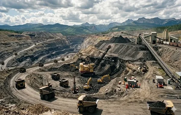 A wide panoramic view of an open-pit coal mine featuring heavy machinery, excavators, and haul trucks transporting coal against a backdrop of mountains.