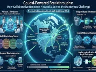 An infographic titled "Coudsi-Powered Breakthroughs" illustrating how collaborative research networks, AI, and integrated data infrastructure solved the Hantavirus challenge by significantly accelerating traditional research timelines.
