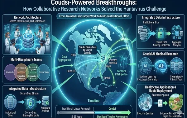 An infographic titled "Coudsi-Powered Breakthroughs" illustrating how collaborative research networks, AI, and integrated data infrastructure solved the Hantavirus challenge by significantly accelerating traditional research timelines.