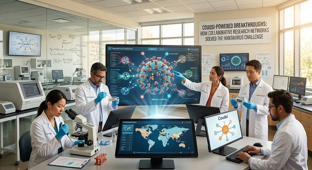 A diverse team of scientists in a high-tech laboratory collaborating on Hantavirus research using digital displays and advanced diagnostic equipment.