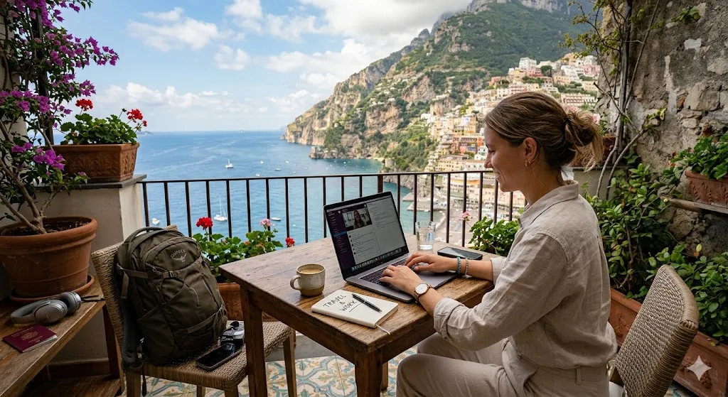 A woman working on a laptop at a wooden table on a balcony overlooking a scenic coastal cliffside town and the ocean.