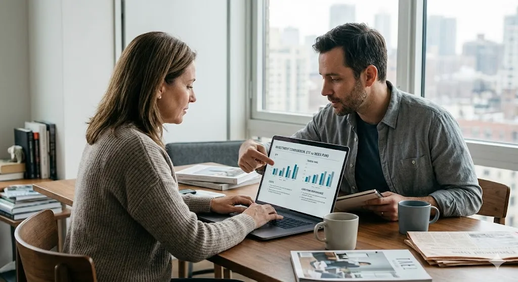 A man pointing to a laptop screen showing an investment comparison chart between an ETF and an Index Fund while discussing long-term portfolio strategies with a woman at a table.