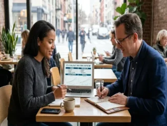 A financial advisor and a female investor sitting at a coffee shop table, reviewing an "ETF vs Index Fund: Long-Term Comparison" presentation and charts on a laptop screen while taking notes.
