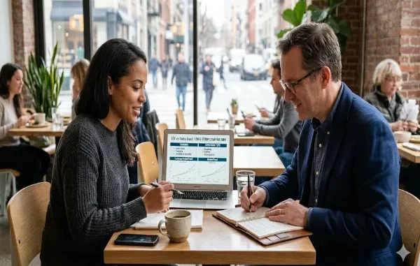 A financial advisor and a female investor sitting at a coffee shop table, reviewing an "ETF vs Index Fund: Long-Term Comparison" presentation and charts on a laptop screen while taking notes.