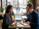 A financial advisor and a female investor sitting at a coffee shop table, reviewing an "ETF vs Index Fund: Long-Term Comparison" presentation and charts on a laptop screen while taking notes.