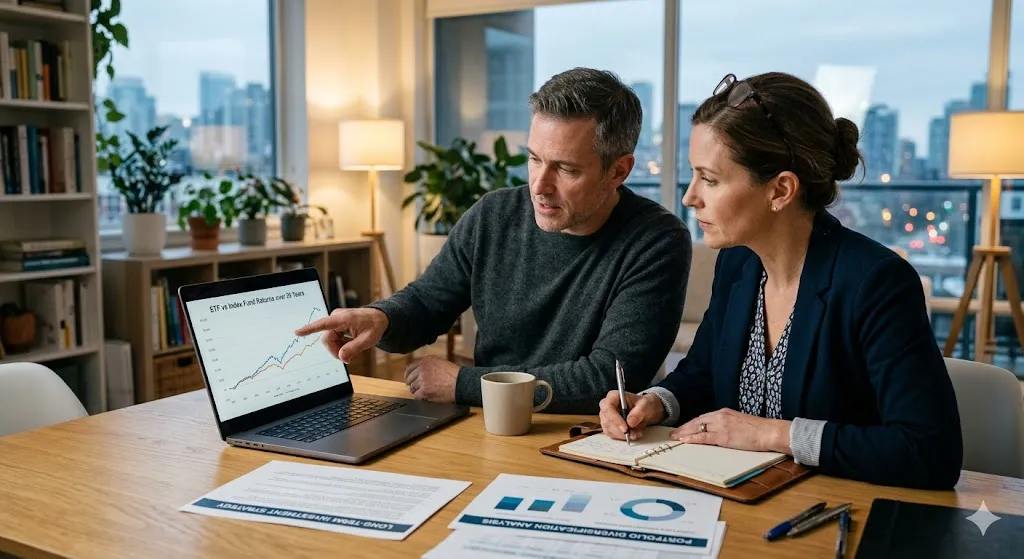 A man and a woman sitting at a wooden table reviewing financial data. The man points to a laptop screen displaying a line graph titled "ETF vs Index Fund Returns over 20 Years." The woman takes notes in a binder. Printed financial reports with charts and the title "Long-Term Investment Strategy" sit on the table alongside coffee mugs in a modern apartment setting.