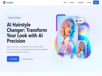 Screenshot of the FaceHair AI website homepage featuring a modern user interface with the headline "AI Hairstyle Changer: Transform Your Look with AI Precision" alongside a visual demonstration of a hair transformation.