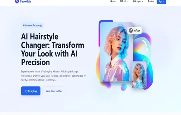Screenshot of the FaceHair AI website homepage featuring a modern user interface with the headline "AI Hairstyle Changer: Transform Your Look with AI Precision" alongside a visual demonstration of a hair transformation.