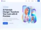 Screenshot of the FaceHair AI website homepage featuring a modern user interface with the headline "AI Hairstyle Changer: Transform Your Look with AI Precision" alongside a visual demonstration of a hair transformation.