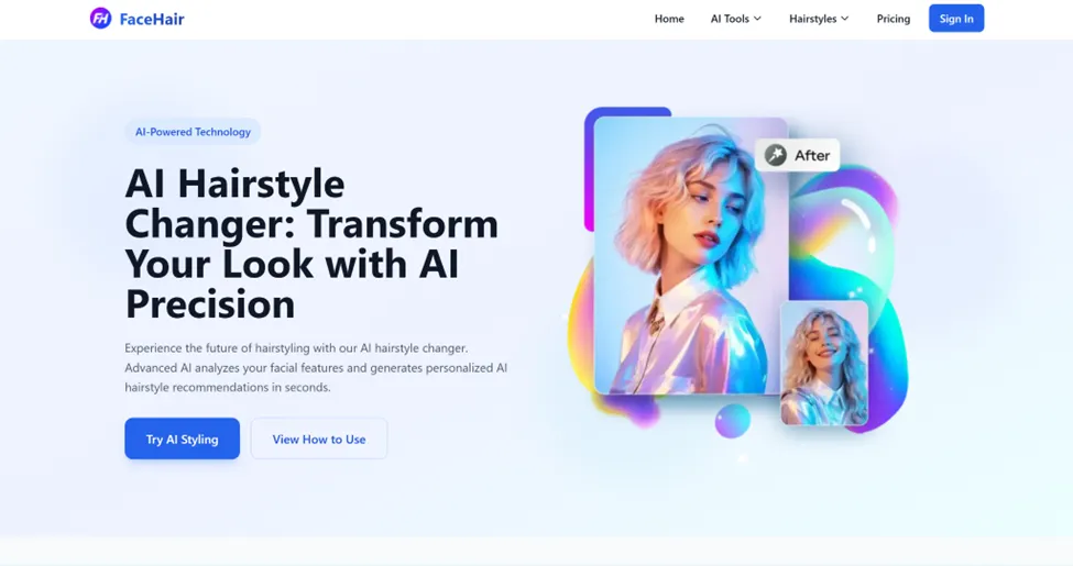Homepage of FaceHair AI hairstyle changer web application, featuring a modern landing page with options to 'Try AI Styling' and an image comparison demonstrating a dramatic blonde hairstyle transformation.