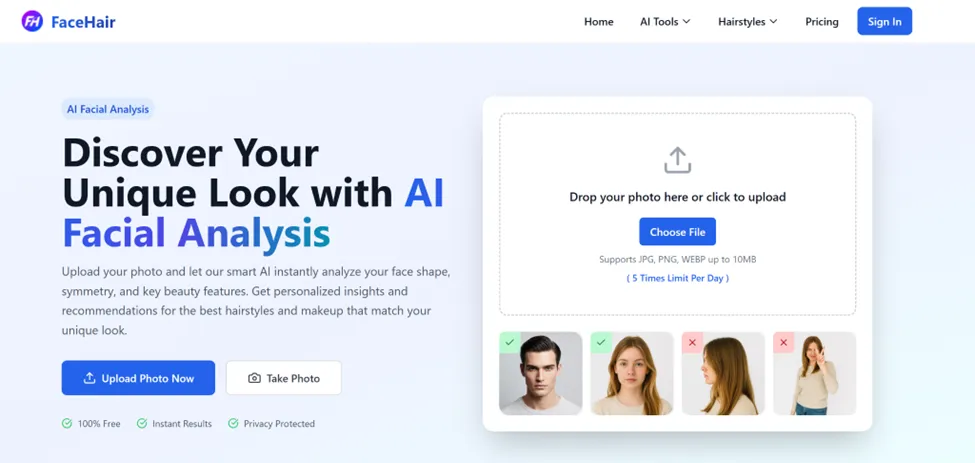 Screenshot of the FaceHair AI website homepage featuring the headline "Discover Your Unique Look with AI Facial Analysis" next to an interactive image upload box and user photo examples.