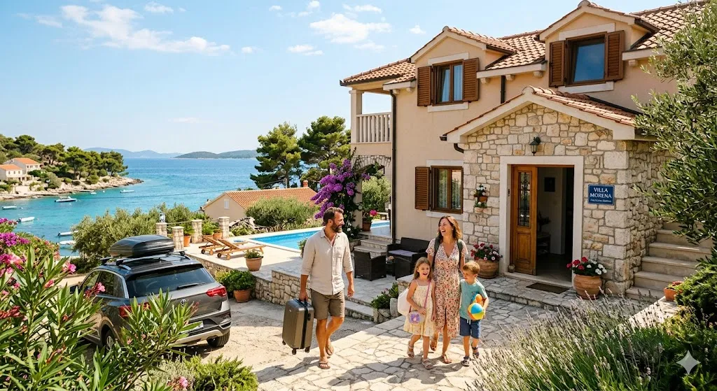 A family of four arrives at a spacious stone vacation rental villa with a private pool, overlooking a scenic coastal bay, highlighting the comfort and space of long-term holiday rentals compared to hotels.