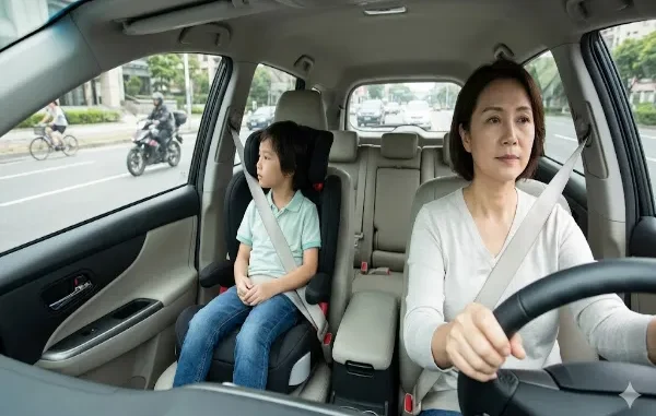 A woman driving a car while her young son sits safely in a high-back booster seat in the front passenger side, both wearing seatbelts.