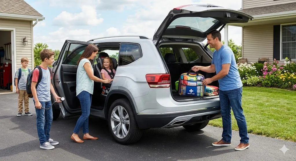 A family of five prepares their silver SUV for a trip. The father places a large first aid kit in the trunk, the mother buckles a young daughter into a car seat, and a son checks the tire pressure.