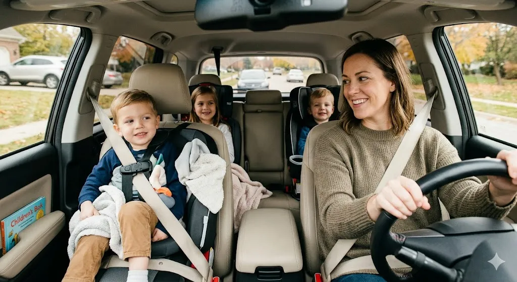 A smiling woman drives a car while her three young children are safely secured in age-appropriate car seats in the front and back rows.