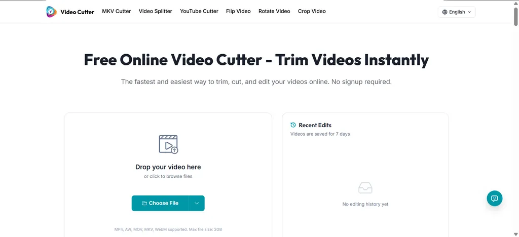 A web interface for a Free Online Video Cutter showing a drag-and-drop upload area and "Choose File" button.