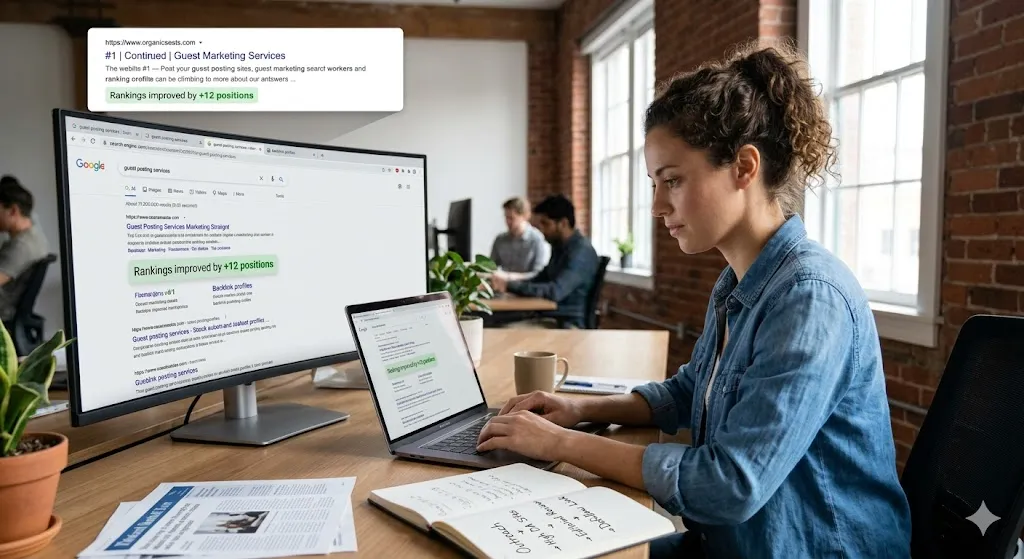 An SEO professional analyzing Google search ranking improvements from guest marketing services on a large desktop monitor and laptop in a modern office, with notebooks detailing high DA outreach and backlink strategies.