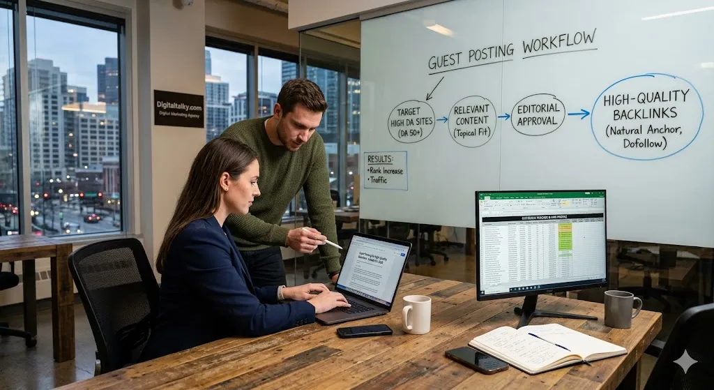 Two colleagues working at a desk in an office, discussing a guest posting workflow written on a glass whiteboard that outlines the process of getting high-quality backlinks from targeting high DA sites.