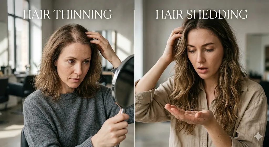 A side-by-side comparison image illustrating the difference between hair thinning and hair shedding, featuring two women experiencing different types of hair concerns.
