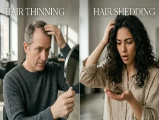 A split-screen image comparing hair thinning and hair shedding. On the left, a middle-aged man looks in a mirror, examining his receding hairline and thinning hair. On the right, a young woman with curly hair looks shocked while holding a clump of shed hair strands in her hand.