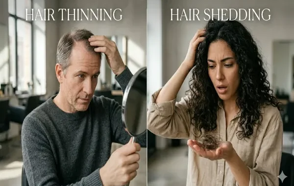 A split-screen image comparing hair thinning and hair shedding. On the left, a middle-aged man looks in a mirror, examining his receding hairline and thinning hair. On the right, a young woman with curly hair looks shocked while holding a clump of shed hair strands in her hand.