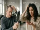 A split-screen image comparing hair thinning and hair shedding. On the left, a middle-aged man looks in a mirror, examining his receding hairline and thinning hair. On the right, a young woman with curly hair looks shocked while holding a clump of shed hair strands in her hand.