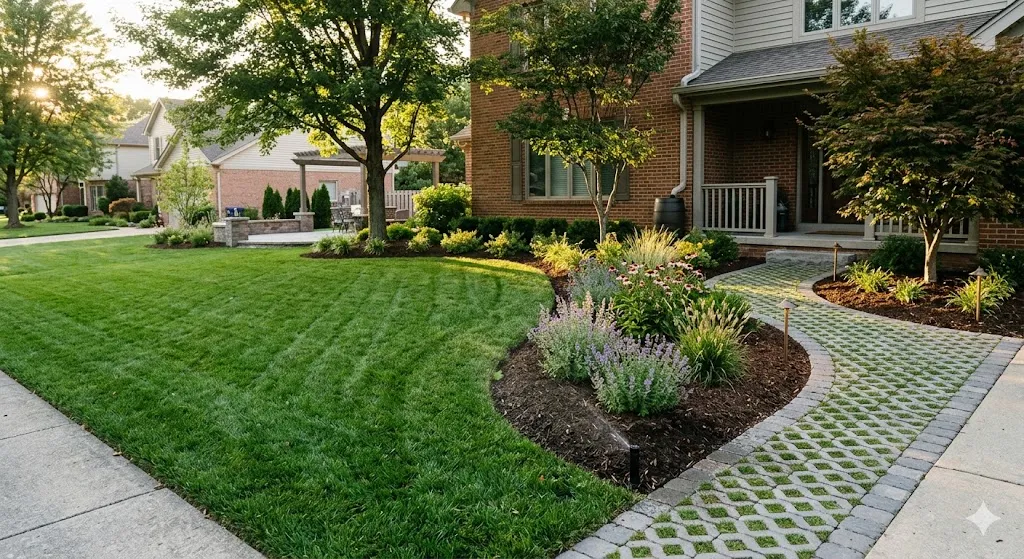 A perfectly manicured green lawn in front of a brick house, featuring a curved stone paver walkway, mulch garden beds with purple flowers, ornamental grasses, mature trees, and a visible lawn sprinkler system.