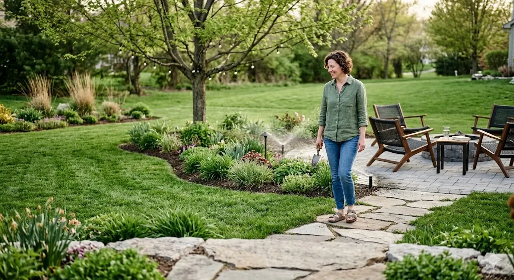 A woman standing on a stone path in a beautifully landscaped backyard featuring a lush green lawn, curated flower beds, an automated sprinkler system, and a paved patio area with outdoor seating.