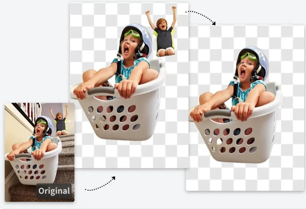 A three-step visual diagram demonstrating how an online tool removes the background from an animated GIF of a girl sliding down stairs in a laundry basket.