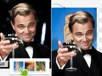 A side-by-side comparison showing a famous Leonardo DiCaprio GIF before and after removing its dark background and replacing it with an image of the Leaning Tower of Pisa using an online tool.