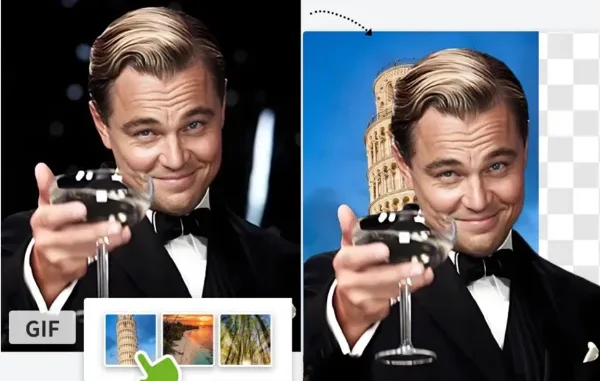 A side-by-side comparison showing a famous Leonardo DiCaprio GIF before and after removing its dark background and replacing it with an image of the Leaning Tower of Pisa using an online tool.