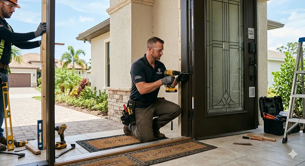 Two professional contractors installing a heavy-duty, impact-rated front door on a residential home using a power drill and leveling tools.