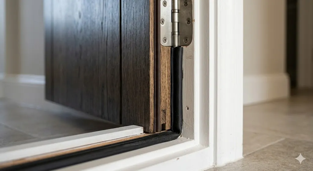 Close-up of a newly installed dark wood impact door, focusing on the heavy-duty metal hinge and thick black rubber weatherstripping seal at the bottom and frame for airtight entryway protection.