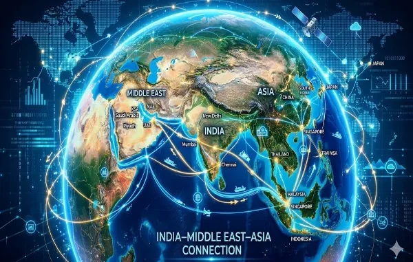 A futuristic 3D globe illustration highlighting the "India–Middle East–Asia Connection," showing glowing digital data lines and maritime routes linking Riyadh and Mumbai directly to Singapore, showcasing its role as a central economic hub.