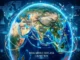 A futuristic 3D globe illustration highlighting the "India–Middle East–Asia Connection," showing glowing digital data lines and maritime routes linking Riyadh and Mumbai directly to Singapore, showcasing its role as a central economic hub.