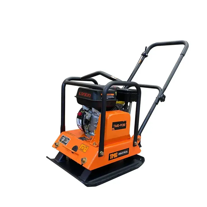 An industrial orange and black vibratory plate compactor featuring a protective roll cage and a Loncin engine, designed for soil and gravel compaction in construction.