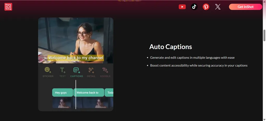 A screenshot of the InShot video editing interface showcasing the Auto Captions feature, displaying a woman on screen with synchronized text overlays and a timeline of speech segments.
