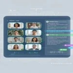 A conceptual UI mockup of an AI transcript generator for a video call, showcasing speaker diarization for "Anya" and "Ben," real-time text transcription, audio waveforms, and contextual AI tags like "SMILING," "APPLAUSE," and "IDEA."