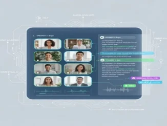 A conceptual UI mockup of an AI transcript generator for a video call, showcasing speaker diarization for "Anya" and "Ben," real-time text transcription, audio waveforms, and contextual AI tags like "SMILING," "APPLAUSE," and "IDEA."