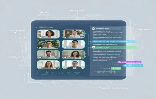 A conceptual UI mockup of an AI transcript generator for a video call, showcasing speaker diarization for "Anya" and "Ben," real-time text transcription, audio waveforms, and contextual AI tags like "SMILING," "APPLAUSE," and "IDEA."