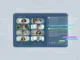 A conceptual UI mockup of an AI transcript generator for a video call, showcasing speaker diarization for "Anya" and "Ben," real-time text transcription, audio waveforms, and contextual AI tags like "SMILING," "APPLAUSE," and "IDEA."