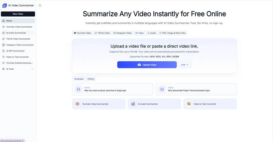 AI Video Summarizer Web Interface Dashboard