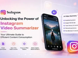 Promotional graphic titled "Unlocking the Power of Instagram Video Summarizer" showing a smartphone displaying an Instagram Reel alongside an AI-generated video summary bullet list.
